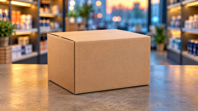 ぼかした小売棚を背景にした無地の段ボール配送箱モックアップ