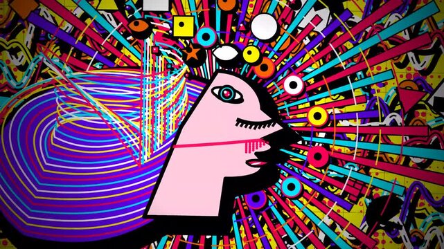 Psychedelic surreal animation of an abstract face with geometric shapes and pulsating colors radiating outward in a chaotic glitchy loop