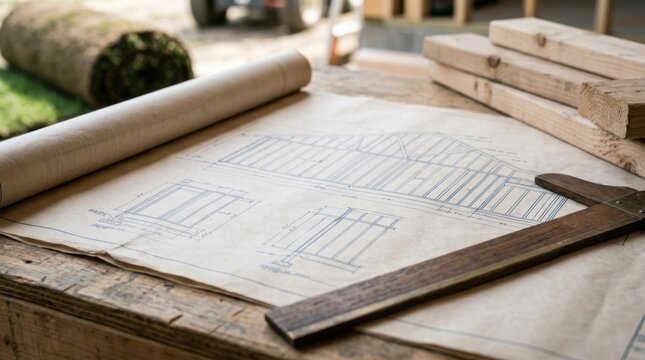 Unrolled architectural blueprint with structural framing lines and a T-square beside lumber and sod