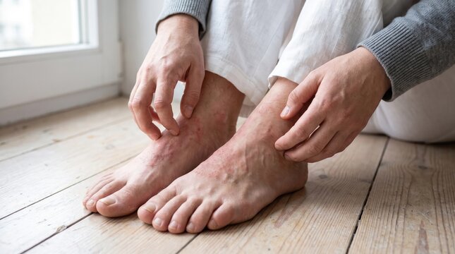 Close-up of a person sitting on a wooden floor, scratching their itchy, red, and irritated skin on their ankles and feet due to severe dermatitis or allergy.