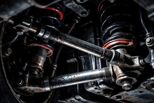 Close up view of car suspension system with metal tie rods, coil springs. Vintage automotive mechanics detail showing steering linkage, shock absorbers. Classic sports car underside maintenance