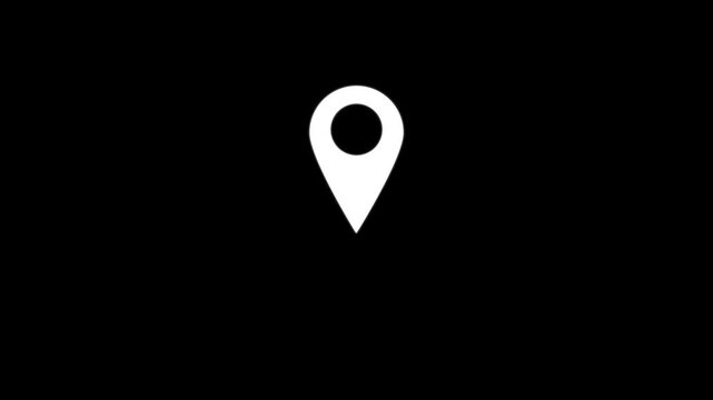 Minimalist white map location pin animation on black background, for navigation and, travel ui