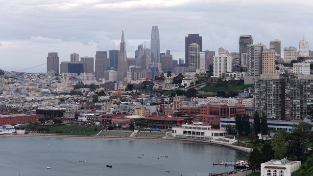Aerial view of the San Francisco skyline featuring the Marina District, Ghirardelli Square, and the urban waterfront in San Francisco, California, United States.