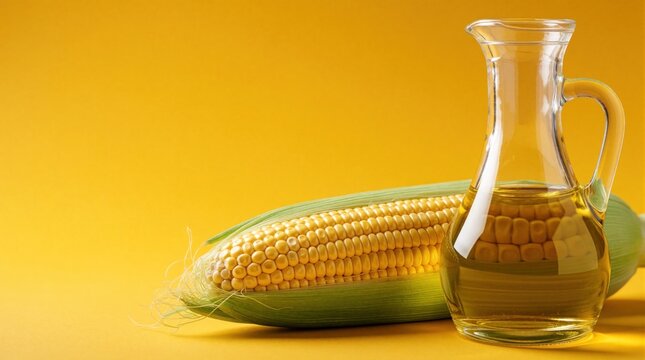 Transparent glass carafe filled with golden corn oil sits next to fresh organic corn cob. Yellow vegetable oil, whole maize kernels on bright yellow background. Healthy cooking ingredient for diet,