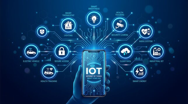 Hand holding smartphone displaying internet of things ecosystem with connected devices