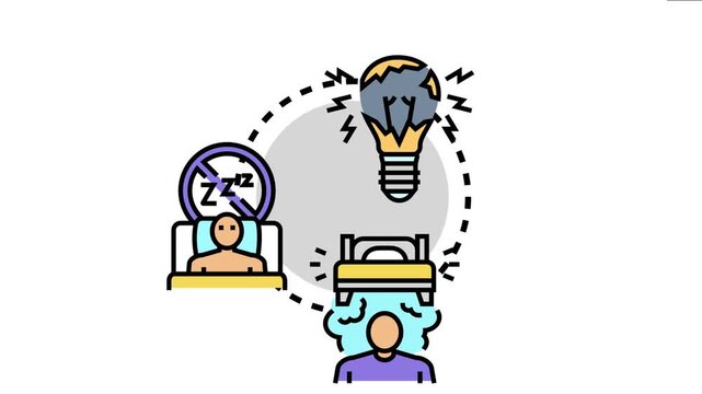 Person experiencing nocturnal fear and anxiety, disrupting peaceful sleep and causing mental stress, illustrated by a broken lightbulb and a restless wakeful figure