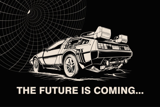 Futuristic Time Machine Car Traveling Through Space and Time, Retro Sci-Fi Concept