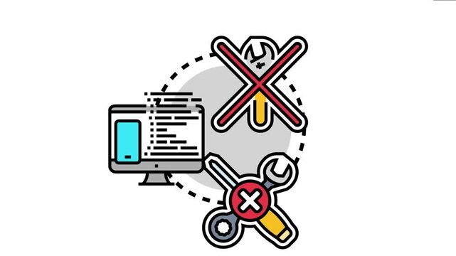 No code application creation concept showing a computer with design interface and crossed out tools, representing an innovative approach to building software without complex programming knowledge