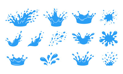 Fototapeta premium Vector set of blue water splashes and drops isolated on white background. Ocean waves, ripples, dynamic liquid flows and aqua elements for design