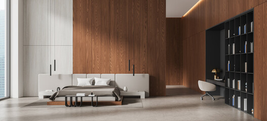 Modern walnut bedroom interior design with upholstered bed, built-in wardrobe, shelving, workspace, warm lighting, and minimalist luxury decor. 3D Rendering © ImageFlow