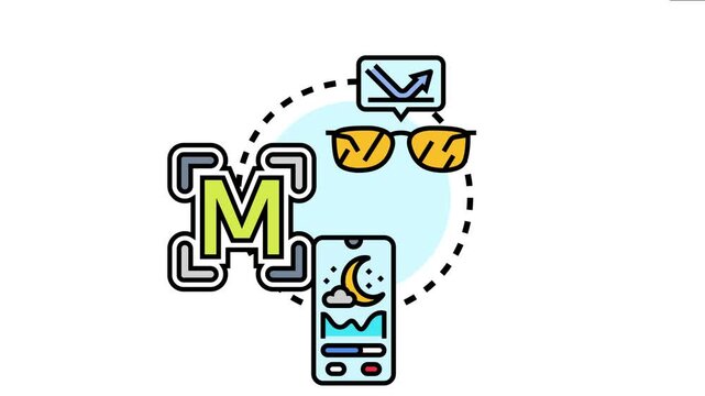 Night mode standardization concept portraying a smartphone with moon icon. Sunglasses with light reduction. And a large 'm' logo. Representing technology adaptation for eye comfort and user experience