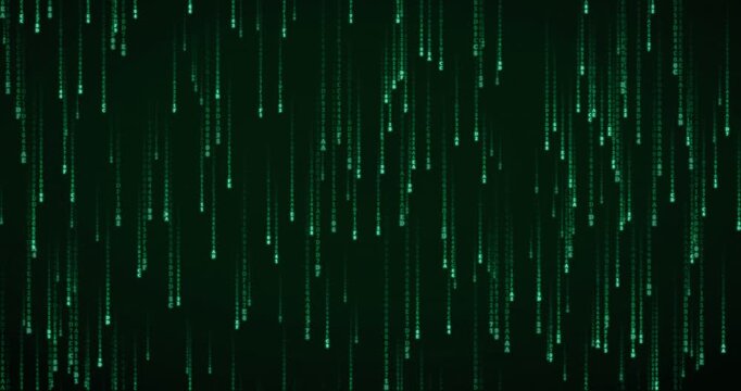 Hexadecimal code symbols cascade down in a slow, layered matrix rain animation with radiant phosphor green glow.