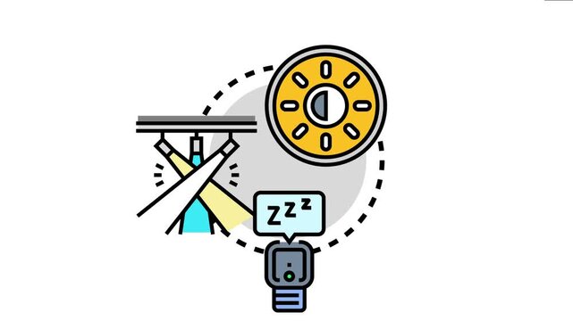 Night mode standardization concept for digital devices, showing a sun and moon setting, light beams filtering, and a wearable computing device tracking sleep with a zzz status