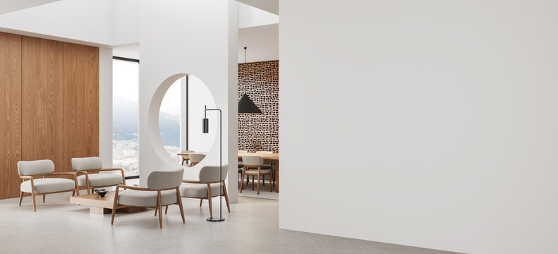 Modern interior mockup with blank poster wall, elegant living room, wooden paneling, lounge chairs, arched window, and minimalist decor. 3D Rendering