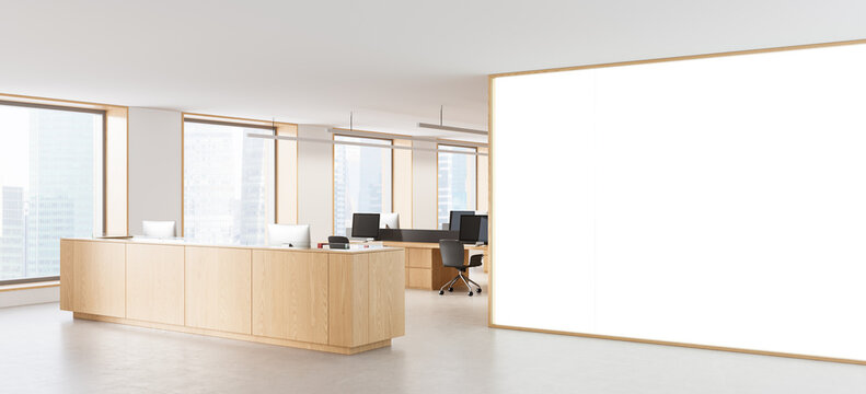 Modern interior office reception desk with spacious blank poster mockup wall, daylight windows, and minimalist workplace design. 3D Rendering
