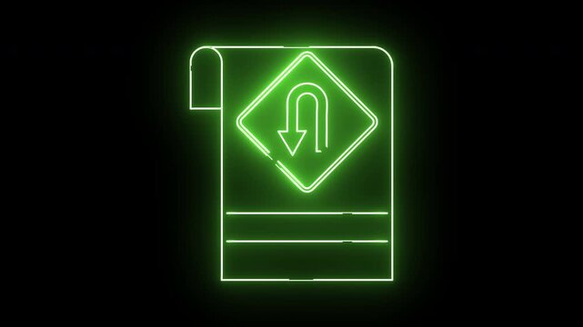 Green Neon U-Turn Sign Icon on Black Background.