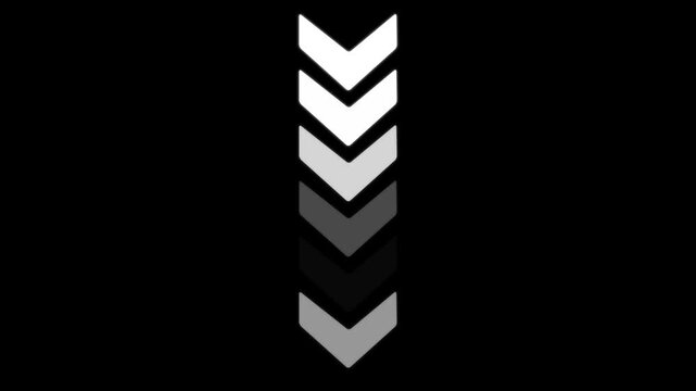 Minimalist animated downward arrows loading indicator loop on black background, direction