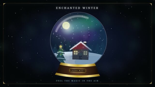 Magic Snowglobe Loop with Falling Snow, Full Moon and Northern Lights. Enchanted Winter Snow Globe Animation with Cozy House and Christmas Tree