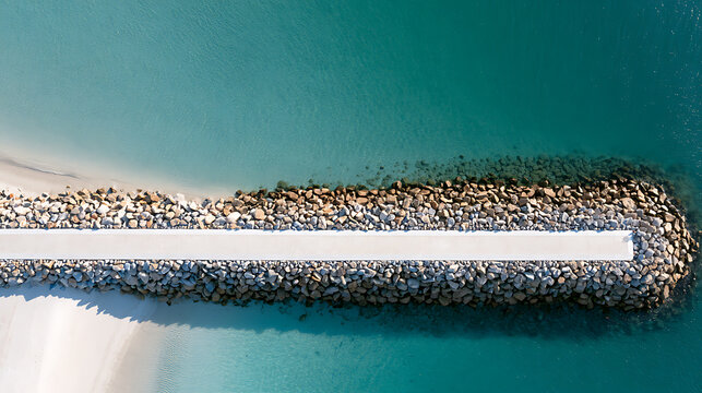 Aerial view of a long concrete breakwater pier with protective rock armor jutting into crystal clear turquoise ocean water on a sunny day