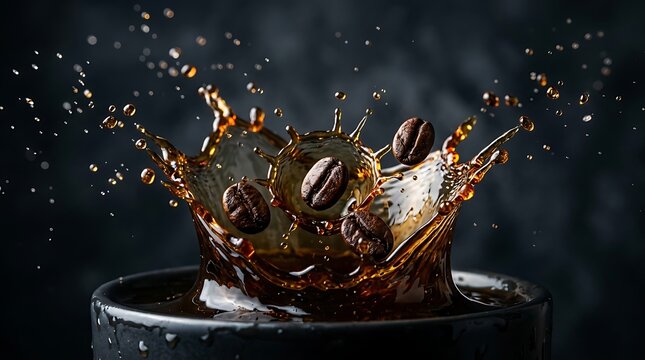 Roasted coffee beans splashing into a dark mug of black coffee macro photography