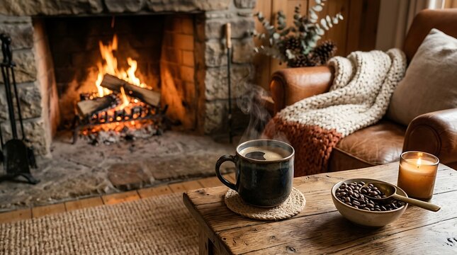 Steaming Coffee Cup Beside A Warm Stone Fireplace In A Cozy Living Room Interior