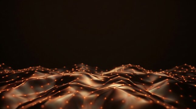 Abstract digital landscape with glowing orange dots and flowing mesh structure on dark background.