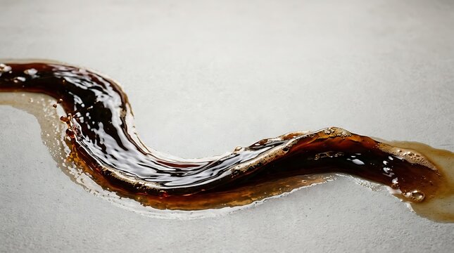 Dynamic Wave of Spilled Dark Coffee Flowing Smoothly on a Light Textured Surface