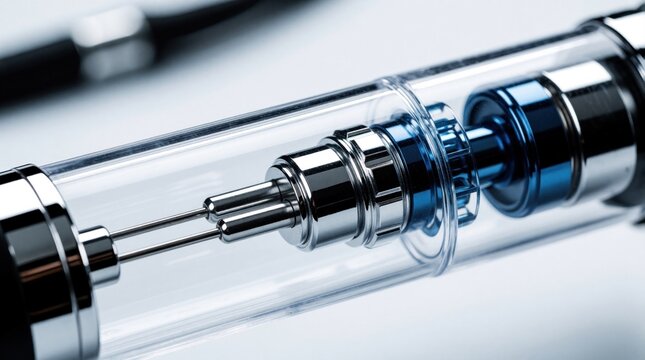 Macro shot of medical endoscope tip inside clear protective tube. Fiber optic probe device used for internal diagnostic exam industrial non destructive testing. Advanced tech instrument with metal