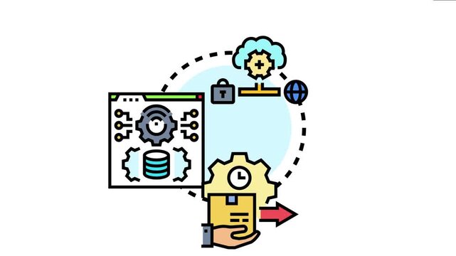 System orchestrating business processes, connecting cloud services, data management, and secure network delivery for efficient digital operations and advanced automation