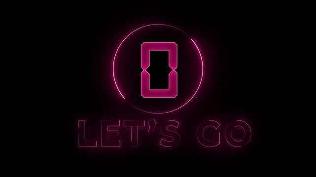  Glowing  neon  5 to 0 second lets go countdown animation, Circle countdown timer 5 sec to 0 sec animation  on black background 4k video.