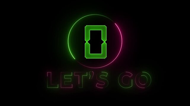  Glowing  neon  5 to 0 second lets go countdown animation, Circle countdown timer 5 sec to 0 sec animation  on black background 4k video.