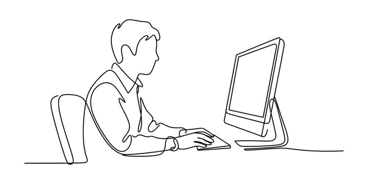 Businessman sitting at desk working on computer with one continuous line drawing