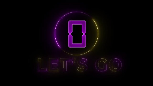  Glowing  neon  5 to 0 second lets go countdown animation, Circle countdown timer 5 sec to 0 sec animation  on black background 4k video.