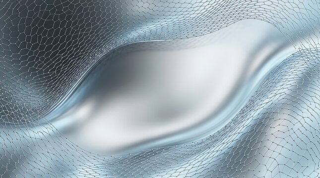 Abstract background with flowing metallic silver liquid and a digital mesh overlay.