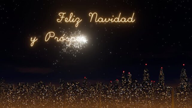 3D render of a glowing Spanish holiday greeting for the year 2027 being written by a sparkler in the night sky, over a blurry city skyline
