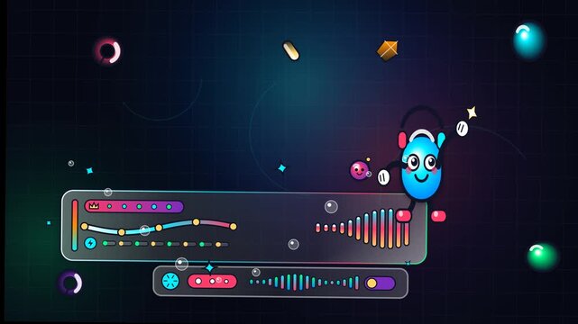 Animated glassmorphism lower third with sound waves equalizers and a dancing blue cartoon character wearing headphones on a dark grid background