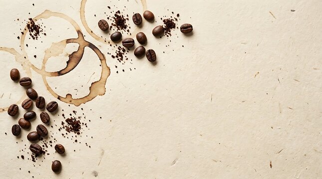 Roasted Coffee Beans and Beverage Stains on Textured Paper Background for Design
