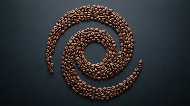 Artistic arrangement of roasted coffee beans forming a spiral pattern on a dark background