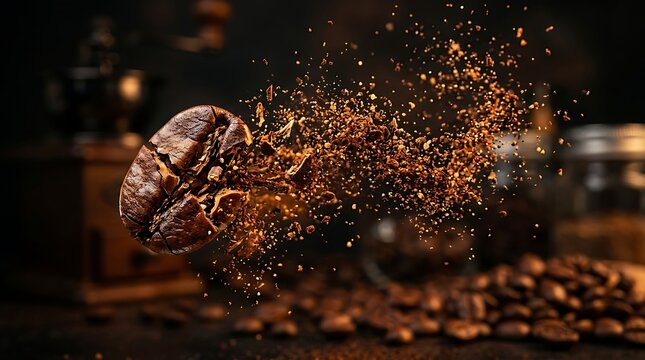 Dynamic Action Shot of Roasted Coffee Bean Breaking Apart into Particles