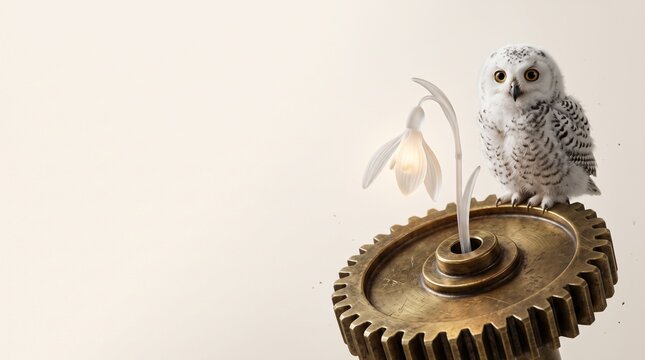 Steampunk concept snowy owl sitting on a large mechanical brass gear with a glowing glass snowdrop flower, wisdom and technical spring banner with copy space