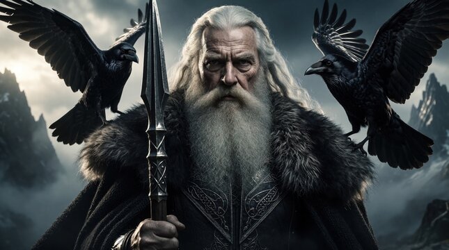 Powerful Norse god Odin with long white beard wears dark cloak, fur. Holds magic spear Gungnir two black ravens Huginn, Muninn sit on shoulders. Mythical king stands in misty mountain landscape of