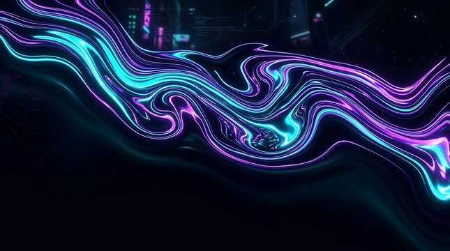Abstract background with flowing neon purple and blue liquid light waves.