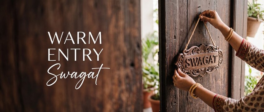 Indian welcome Swagat wooden sign being hung on rustic vintage wooden door by woman wearing traditional bangles, representing warm hospitality, home entrance decoration, and cultural greeting concept.
