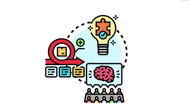 Team members participating in a creative brainstorming session for generating innovative business and problem solving ideas, following an iterative development cycle