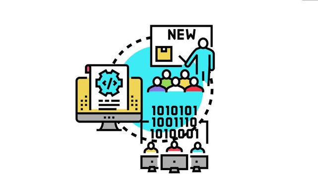 Development team collaborating on coding and improving a new programming language, with a speaker introducing the concept to an audience of developers learning software skills