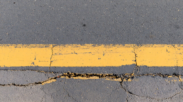 Close up of worn out asphalt road texture with yellow line split by deep crack, abstract background for urban infrastructure concepts