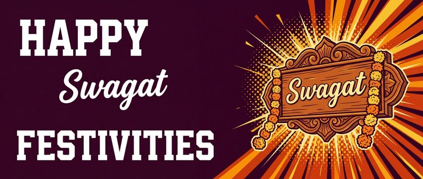 Happy Swagat Festivities Indian Welcome banner featuring decorated wooden plaque sign with marigold flower garland on vintage sunburst comic pop art rays background for Diwali celebration greeting.