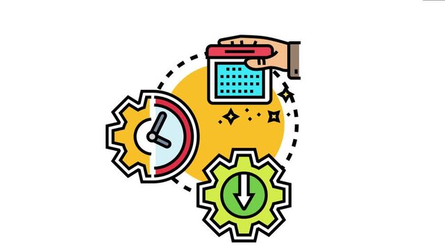 Hand holding calendar, time clock, and download gear icon new program building, software development, project management, and deployment with planning