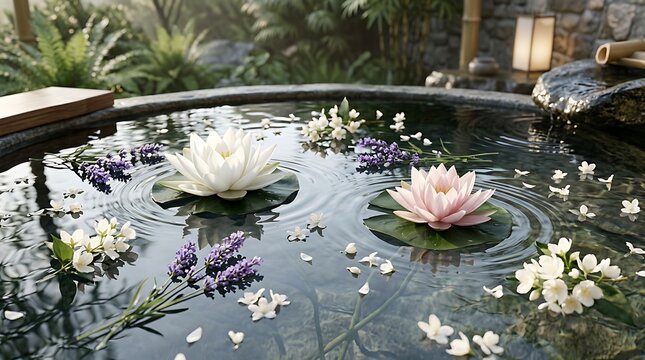 Peaceful stone basin filled with water lilies and aromatic lavender flowers for a relaxing spa atmosphere