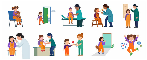 Fototapeta premium Pediatrician Medical Checkup Set for Children Featuring Little Girl and Doctor with Vaccination, Physical Exams, and Healthcare Scenes